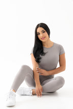 Enterizo largo manga corta color gris con escote en espalda y push up