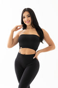 Conjunto negro con leggings bota campana y top strapless